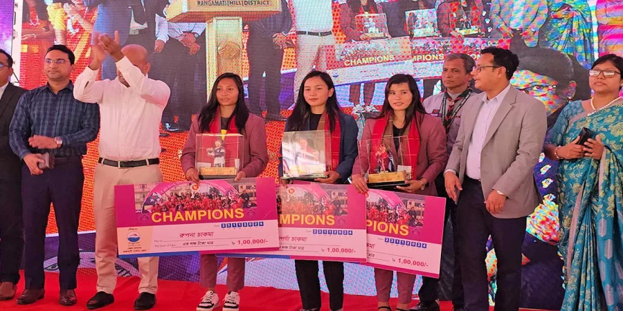 The three SAFF-winning hill tract heroines honored with a royal reception in Rangamati. Photo: Collected